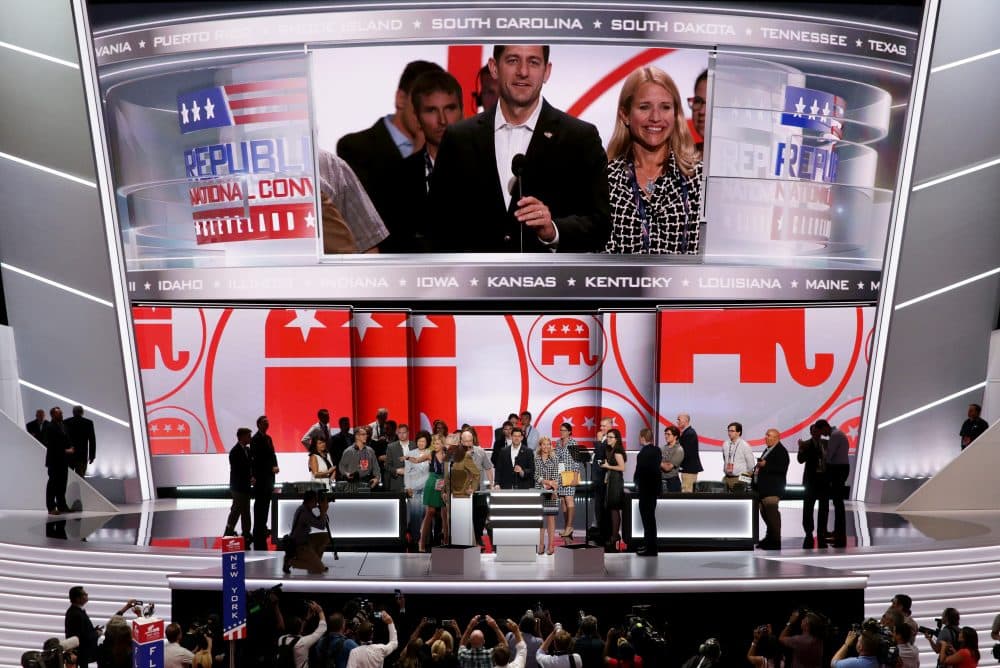 U.S. Speaker of the House Paul Ryan (R-WI) speaks during a microphone test along with his wife Janna Ryan (R) prior to the start of the Republican National Convention on July 17, 2016 at the Quicken Loans Arena in Cleveland, Ohio.(Alex Wong/Getty Images)
