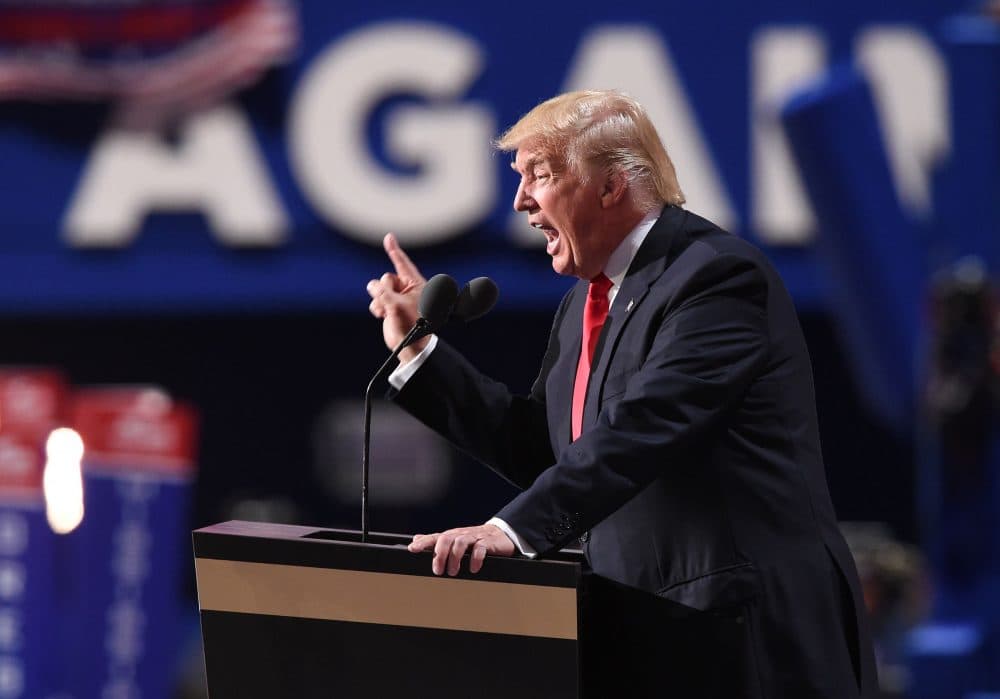 Republican presidential candidate Donald Trump addresses the final night of the Republican National Convention at Quicken Loans Arena in Cleveland, Ohio, July 21, 2016. (Robyn Beck/AFP/Getty Images)