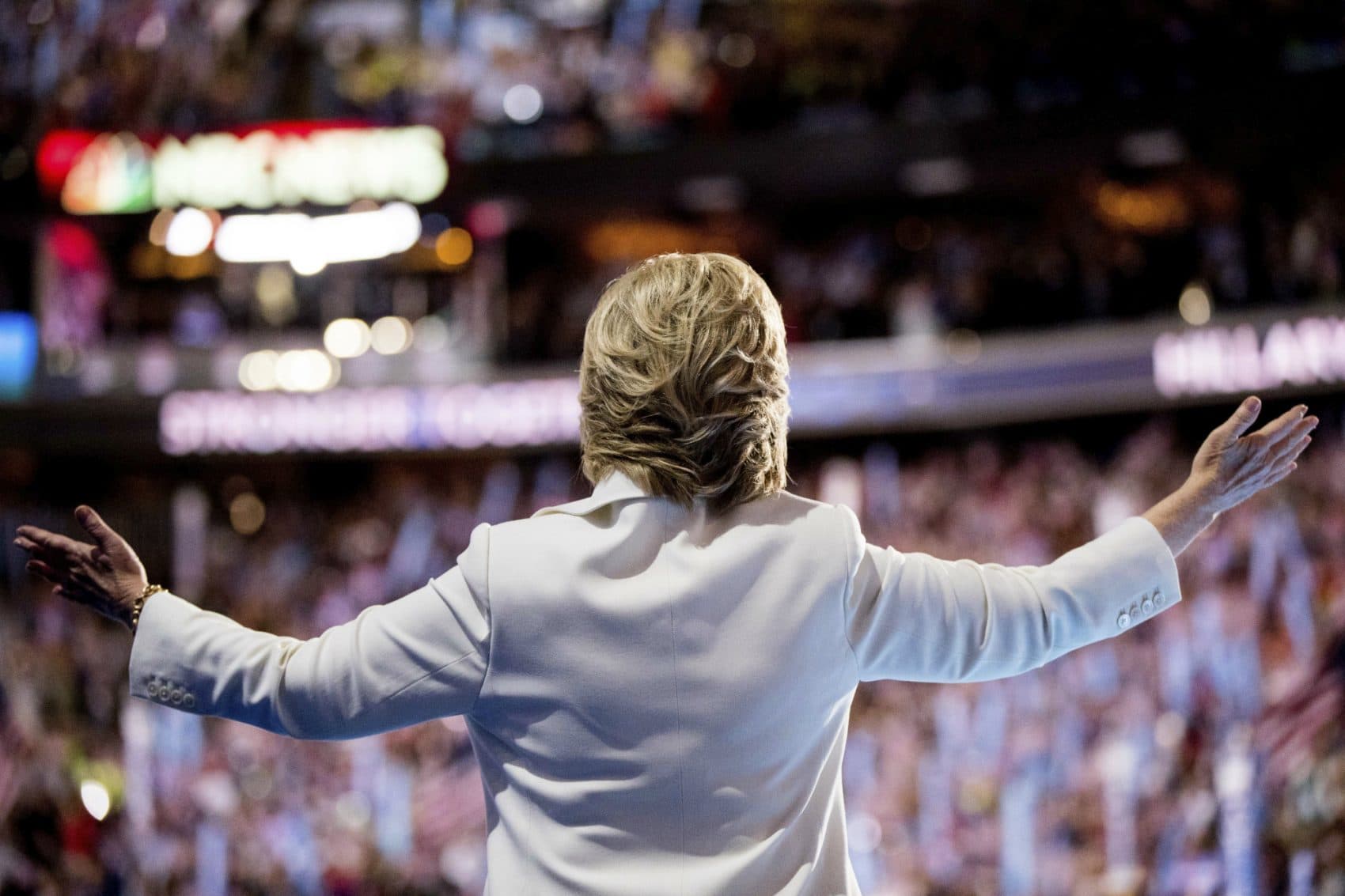 Democratic presidential candidate Hillary Clinton waves to the crowd as she takes the stage to speak during the fourth day session of the Democratic National Convention in Philadelphia , Thursday, July 28, 2016. (Andrew Harnik/AP)
