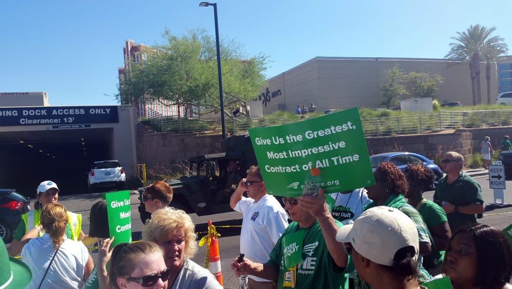 Thomas A. Kochan writes that, since the New Deal, a core principle of American labor policy is that workers should have the right to be their own, independent voice at work. So why isn't that the case? Pictured: Members of the American Federation of State, County and Municipal Employees march on the Las Vegas Strip July 20, 2016, to urge management at Republican presidential nominee Donald Trump's hotel to negotiate a contract with workers. (Michelle Rindels/AP)