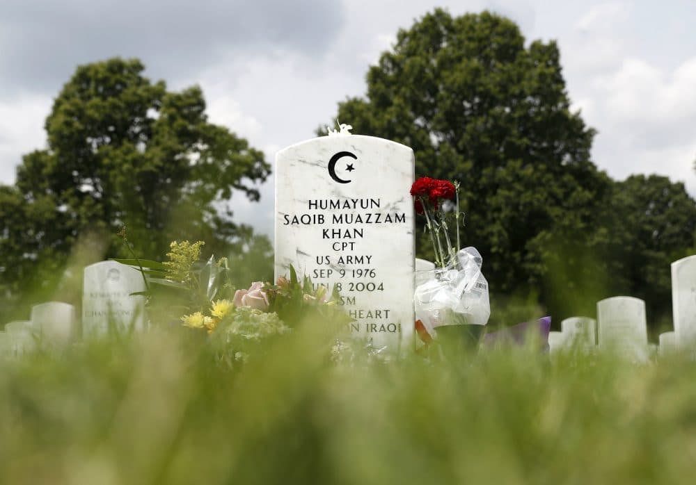 The tombstone of U.S. Army Capt. Humayun S. M. Khan is seen in Arlington National Cemetery on Monday, Aug. 1, 2016. (Carolyn Kaster/AP)