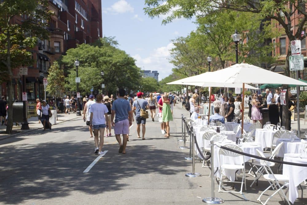 The city of Boston shut down Newbury Street to cars on Sunday for an event called Open Newbury Street. (Joe Difazio for WBUR)
