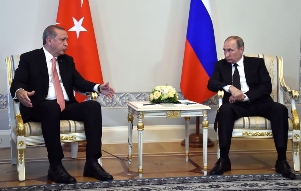 Russian President Vladimir Putin (R) meets with Turkish President Recep Tayyip Erdogan in Konstantinovsky Palace outside Saint Petersburg on August 9, 2016. (Alexander Nemenov/AFP/Getty Images)