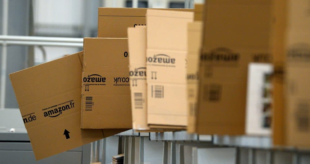 Empty boxes are stacked in the packaging department at an Amazon Fulfillment Center in England on Nov. 28, 2013. (Andrew Yates/AFP/Getty Images)