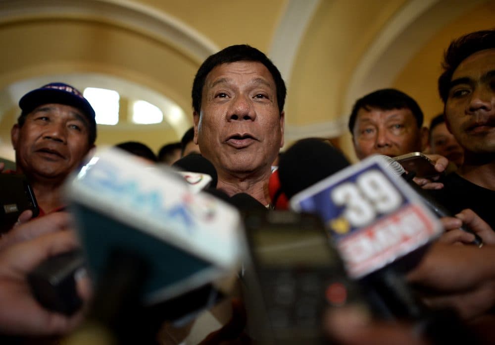 Davao City Mayor and Presidential Candidate Rodrigo Duterte speaks to reporters in Lingayen, Pangasinan, north of Manila on March 2, 2016. (Noel Celis/AFP/Getty Images)