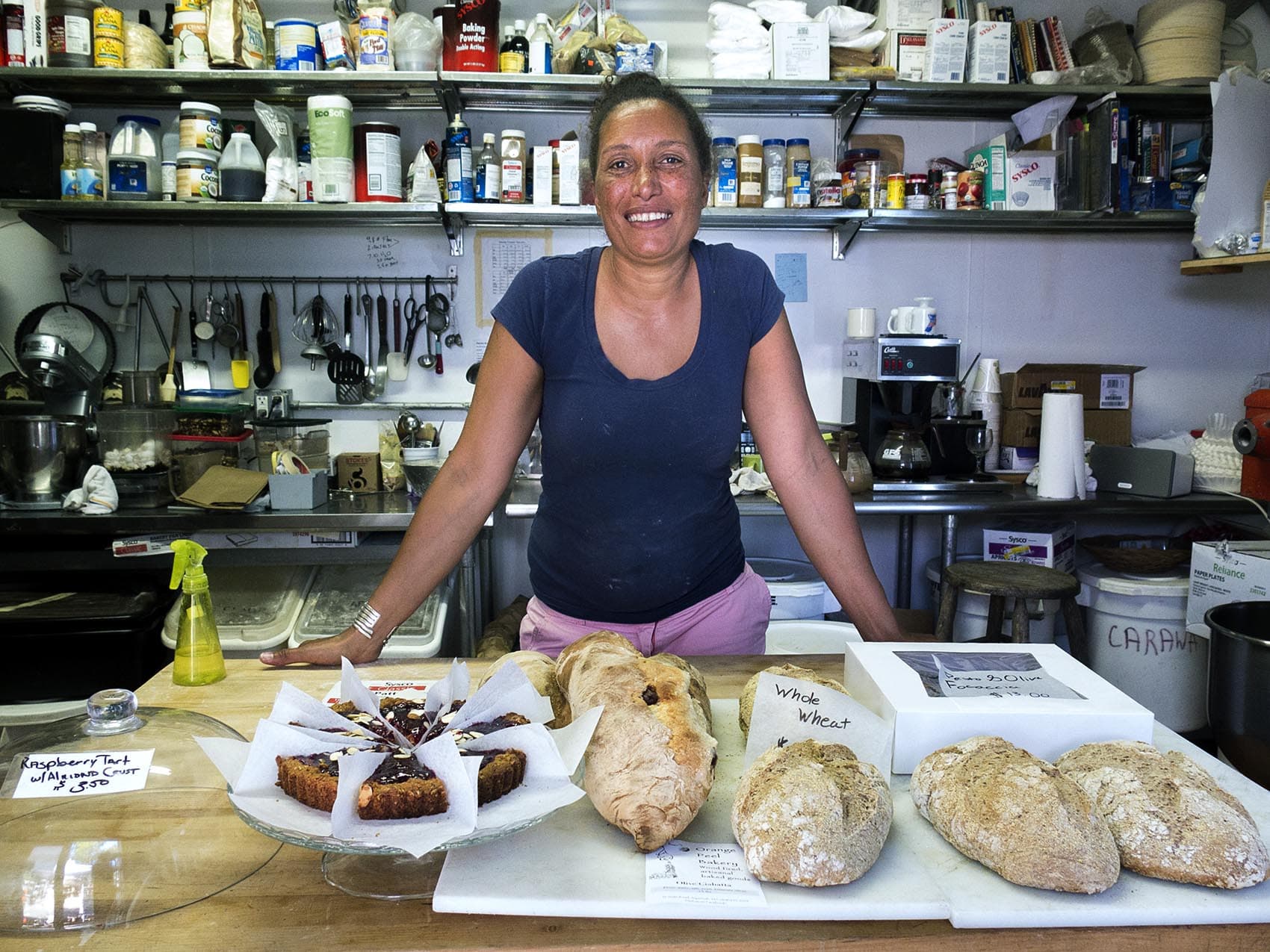 Aquinnah Wampanoag tribe member and Orange Peel Bakery owner Juli Vanderhoop. (Andrea Shea/WBUR)