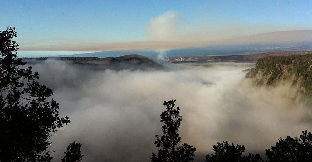 Fog in Kīlauea Iki Crater with Halema‘uma‘u in the background on Hawaii. (Courtesy M. Stanley/NPS)