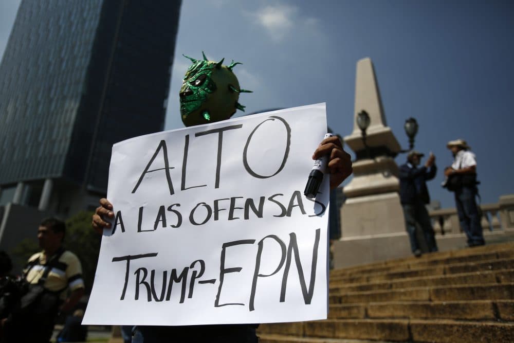 Diego Garcia wears a Mexican wrestling mask and holds a sign reading in Spanish; "Stop the offenses of Trump and EPN," referring to Mexican President Enrique Pena Nieto, as he protests Donald Trump's meeting with the president, in Mexico City, Wednesday, Aug. 31, 2016. (Rebecca Blackwell/AP)