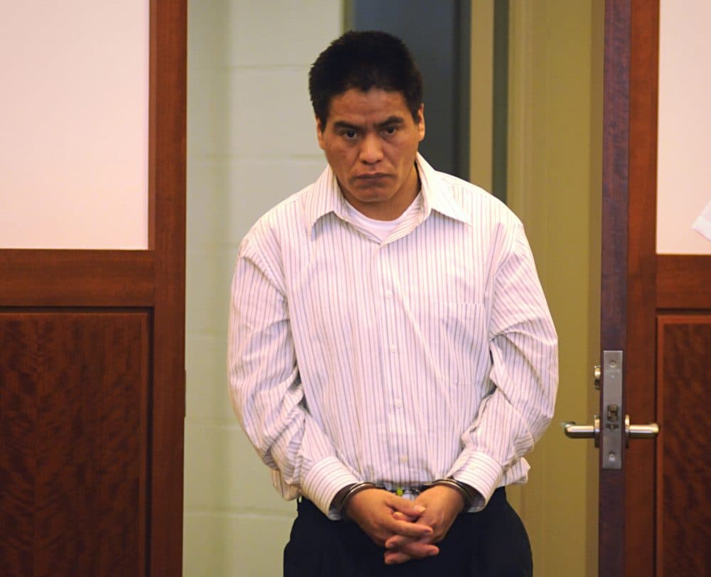 Nicholas Dutan Guaman, 37, of Ecuador, walks into Worcester Superior Court in 2014, where he was sentenced to up to 14 years in prison for dragging a Milford motorcyclist -- 23-year-old Matthew Denice -- to his death under his pickup truck. (The Telegram & Gazette, Rick Cinclair/AP)