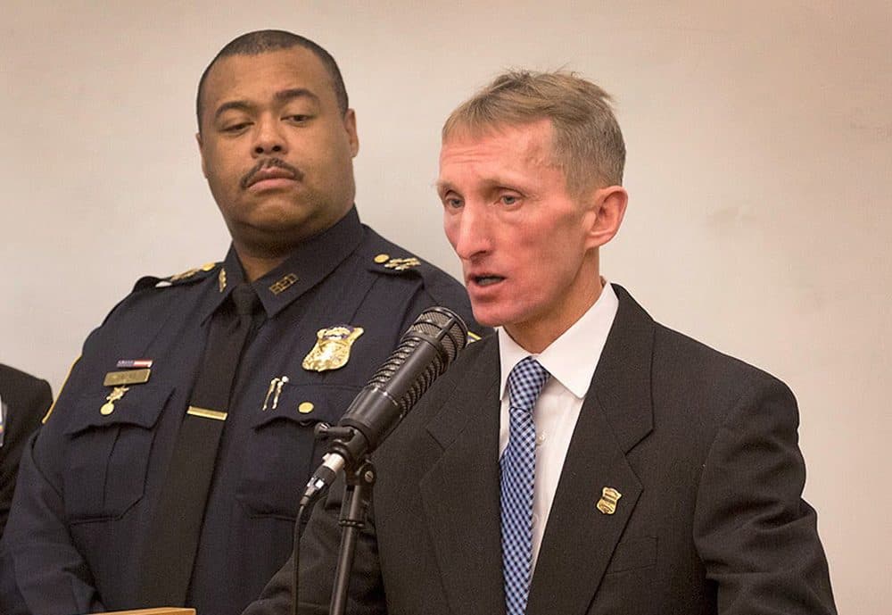 Boston Police Commissioner William Evans, right, in January 2015, with Superintendent-in-Chief William Gross (Robin Lubbock/WBUR)
