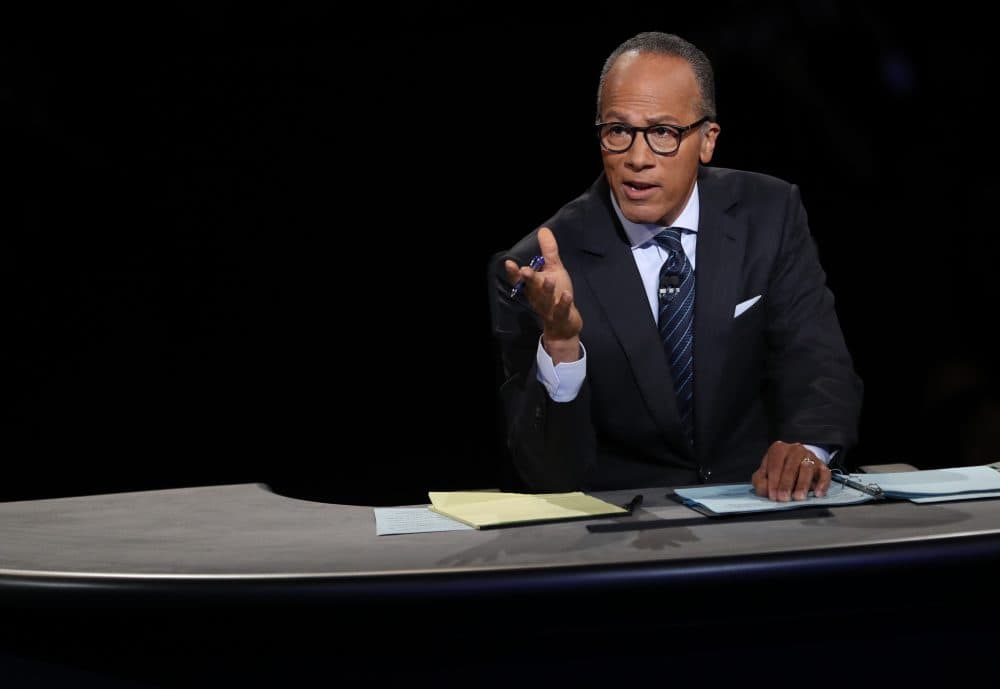 Debate moderator Lester Holt talks during the first presidential debate at Hofstra University in Hempstead, N.Y., on Sept. 26, 2016. (Joe Raedle/AFP/Getty Images)