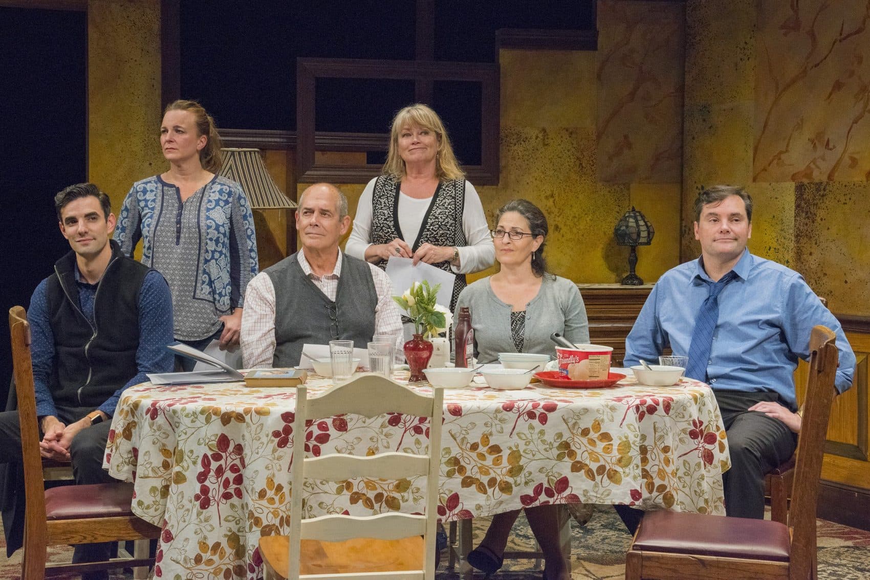 Left to right: Paul Melendy, Laura Latreille, Joel Colodner, Karen MacDonald, Sarah Newhouse and Bill Mootos in the New Repertory Theatre's production of "Regular Singing." (Courtesy Andrew Brilliant / Brilliant Pictures)
