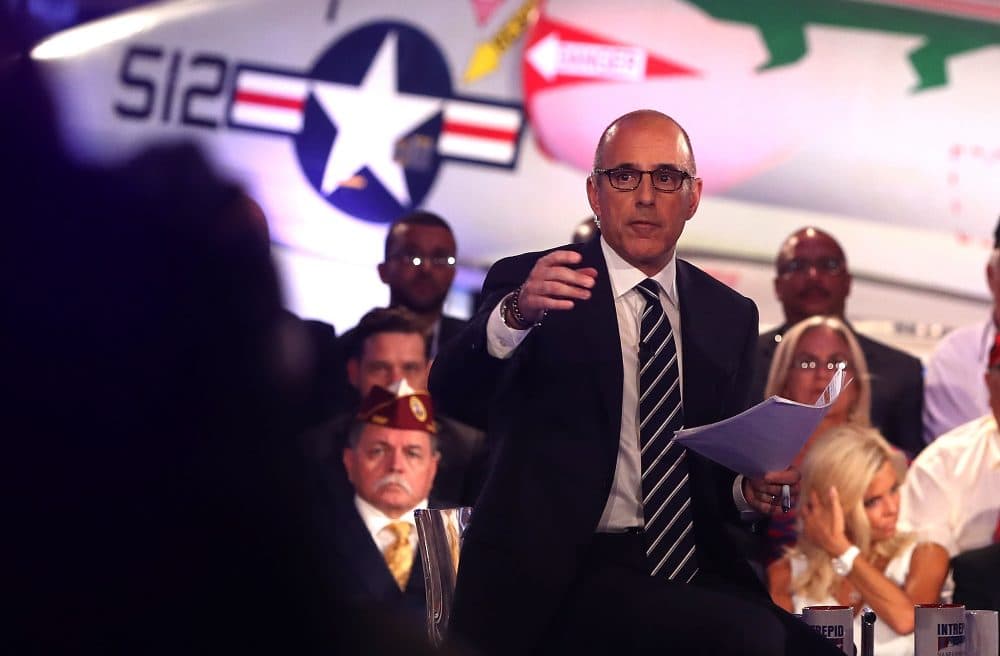 "Today" show host Matt Lauer looks on during the NBC News Commander-in-Chief Forum with Democratic presidential nominee, former Secretary of State Hillary Clinton on Sept. 7, 2016 in New York City. (Justin Sullivan/Getty Images)