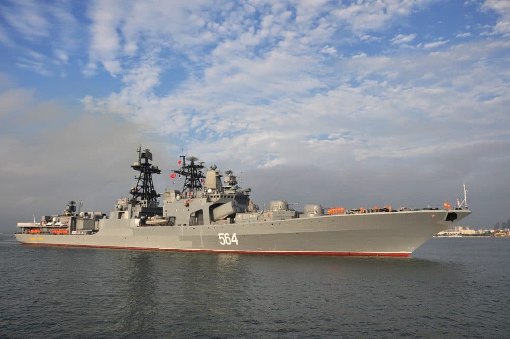 The Russian destroyer Admiral Tributs arrived in China's Guangdong province for eight-day joint military exercises with the Chinese navy in the South China Sea. (STR/AFP/Getty Images)