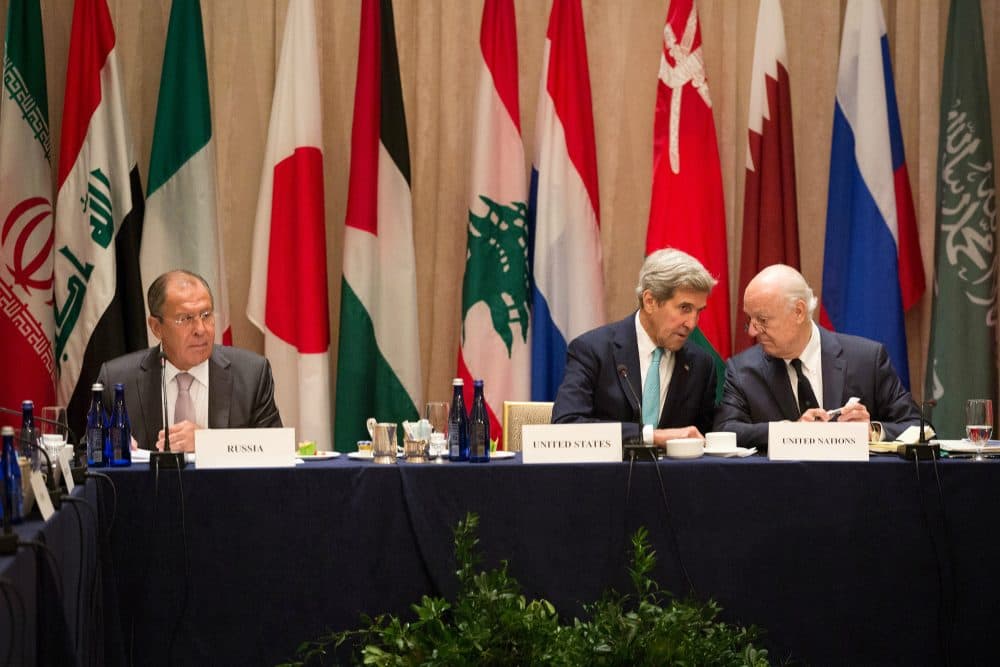 Ahead of today's meeting with U.S. Secretary of State John Kerry and Russian Foreign Minister Sergey Lavrov, Susan E. Reed writes that time is running out for the Obama administration to settle Syria. Pictured: U.S. Secretary of State John Kerry, center, sits with Staffan de Mistura, UN special envoy for Syria, right, and Minister of Foreign Affairs Sergey Lavrov of Russia, during the International Syria Support Group meeting Tuesday, Sept. 20, 2016, in New York. Kerry and Lavrov are set to meet on September 22 to discuss the deteriorating situation in Syria.(Kevin Hagen/AP)