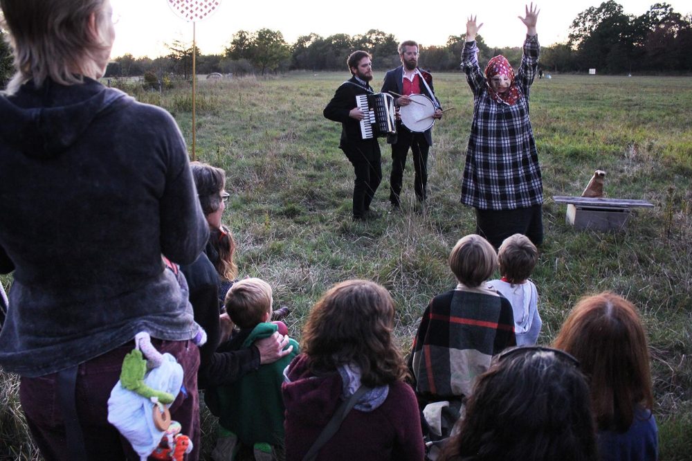 A performance of the "Surrealist Cabaret" in the town of Essex earlier this month (Sarah Ledbetter for WBUR)