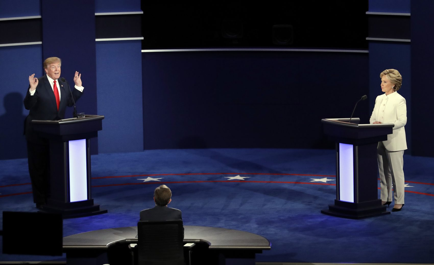 Republican presidential nominee Donald Trump debates Democratic presidential nominee Hillary Clinton during the third presidential debate at UNLV in Las Vegas, Wednesday, Oct. 19, 2016. (Julio Cortez/AP)