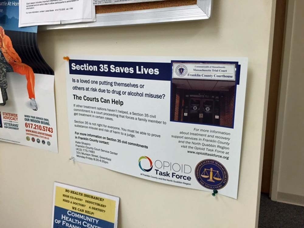 Signs in the hallways of Greenfield District Court urge families to use Section 35 to access treatment. (Karen Brown/NEPR)