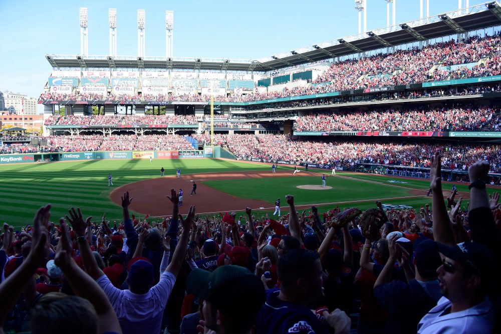 Carlos Santana of the Cleveland Indians celebrates after hitting a home run during game two of the American League Championship Series at Progressive Field on Oct. 15, 2016 in Cleveland. (Jason Miller/Getty Images)