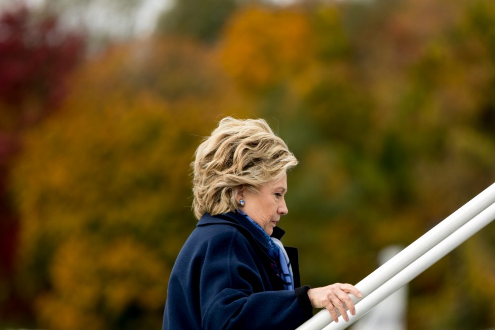 Democratic presidential candidate Hillary Clinton boards her campaign plane at Westchester County Airport on Friday, Oct. 28. (Andrew Harnik/AP)