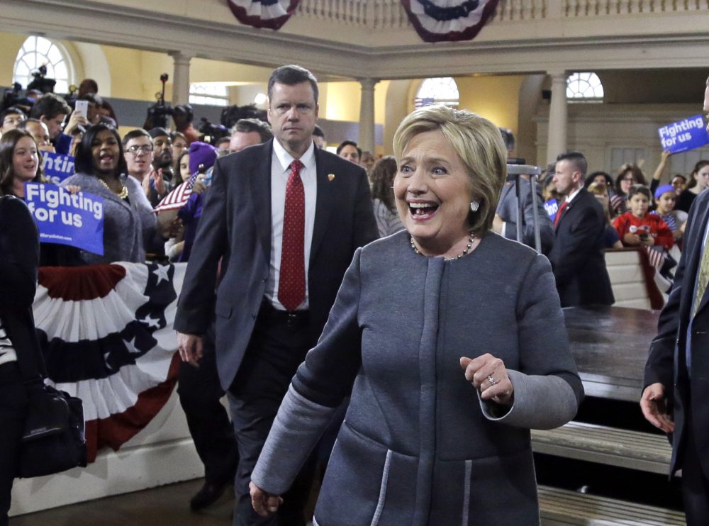Democratic presidential candidate Hillary Clinton greets supporters during a campaign event at the Old South Meeting House on Monday in Boston. (Elise Amendola/AP)
