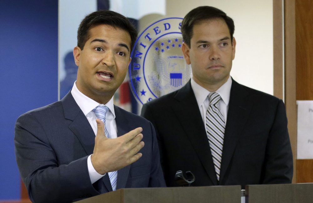 U.S. Rep. Carlos Curbelo, R-Fla., left, speaks during news conference as U.S. Sen. Marco Rubio, R-Fla., listens, Friday, June 3, 2016, in Doral, Fla. (Alan Diaz/AP)