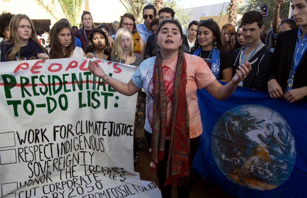 American students protest outside the U.N. climate talks during the COP22 international climate conference in Marrakesh, Morocco, in reaction to Donald Trump's victory in the U.S. presidential election, on Nov. 9, 2016. (Fadel Senna/AFP/Getty Images)