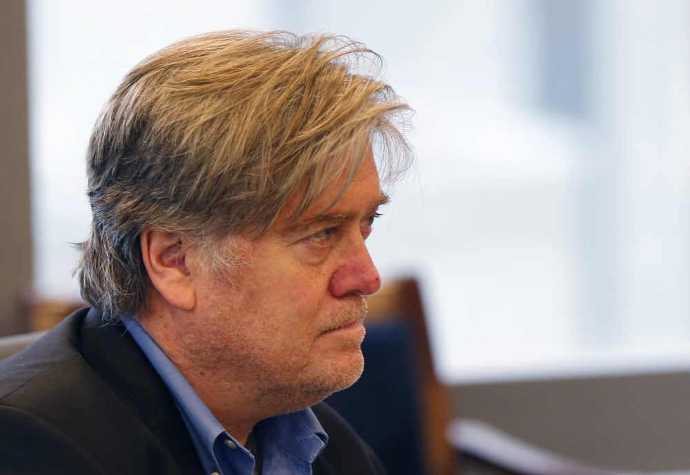 Stephen Bannon pictured attending then-Republican presidential nominee Donald Trump's Hispanic advisory roundtable meeting in New York in August 2016. (Gerald Herbert/AP)