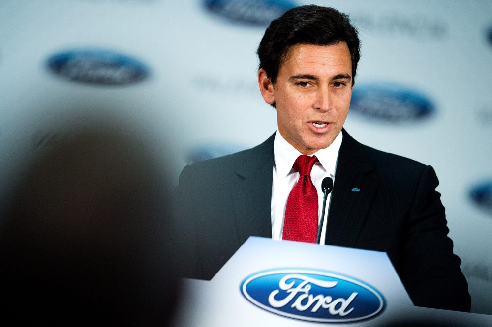 Ford CEO Mark Fields delivers a speech during his visit to a Ford factory in Valencia, Spain, in February 2015. (David Ramos/Getty Images)
