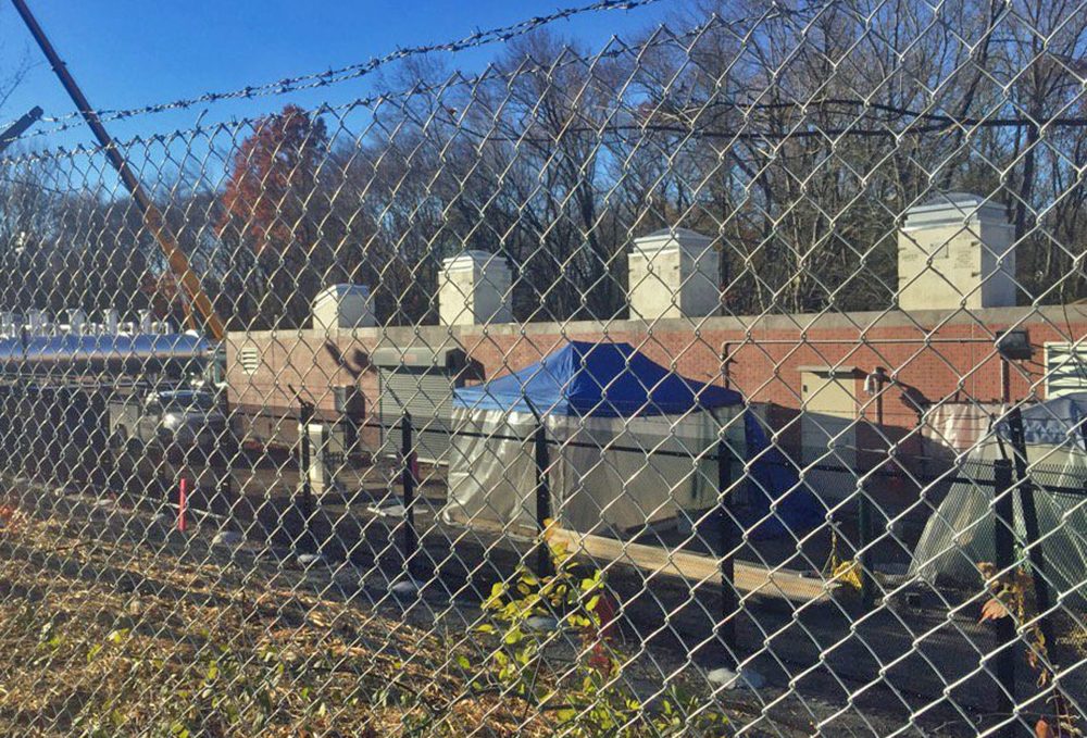 The metering and regulation facility for the pipeline is located across the street from the West Roxbury quarry. (Bruce Gellerman/WBUR)