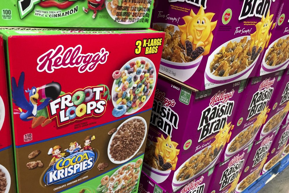 Boxes of Kellogg's cereals including Froot Loops, Cocoa Krispies and Raisin Bran are seen at a store in Arlington, Virginia, Dec. 1, 2016. Kellogg's is facing a boycott organized by the Trump-aligned Breitbart News after the cereal giant decided to pull its advertising from the website. (Saul Loeb/AFP/Getty Images)