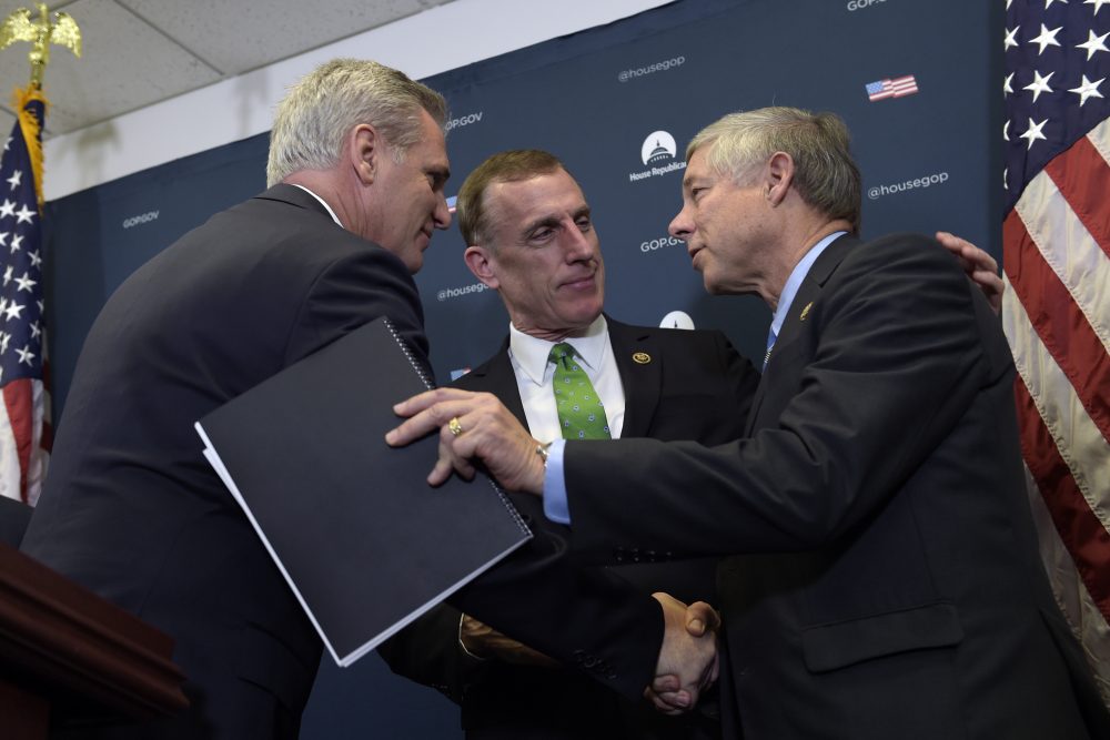 House Majority Leader Kevin McCarthy of Calif., left, shakes hands with Rep. Tim Murphy, R-Pa., center, and Rep. Fred Upton, R-Mich., right, during a news conference on Capitol Hill in Washington, Wednesday, Nov. 30, 2016. (Susan Walsh/AP)