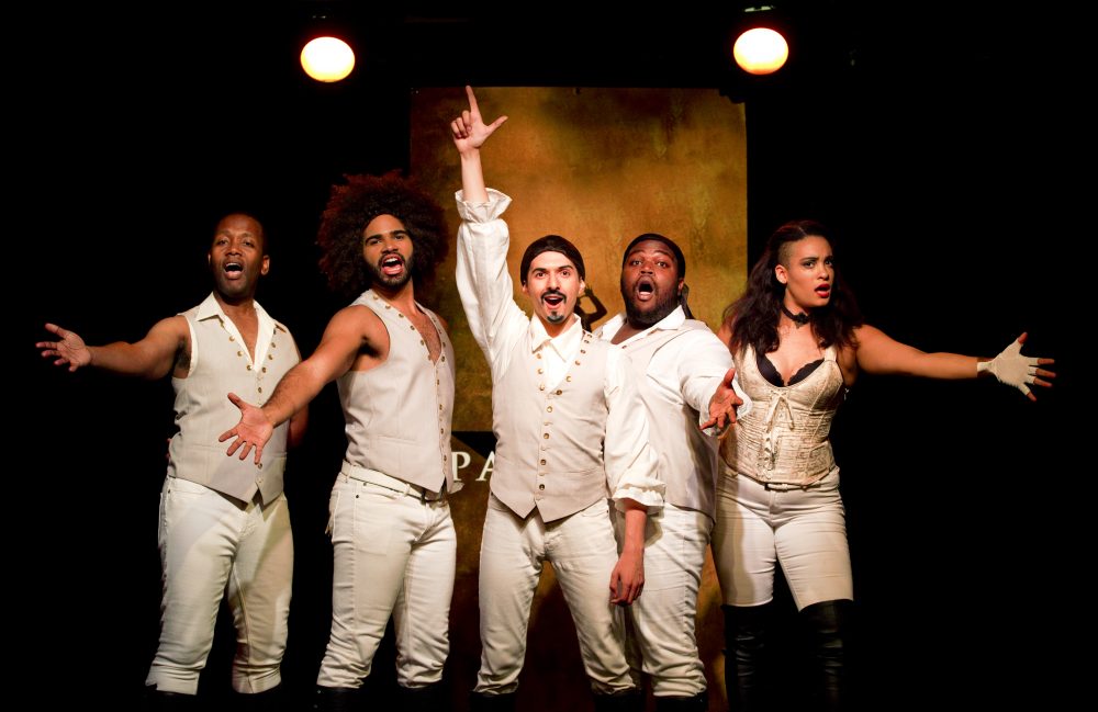 Chris Anthony Giles, Nicholas Edwards, Dan Rosales, Juwan Crawley and Nora Schell in a scene from "Spamilton" at the Triad. (Carol Rosegg)