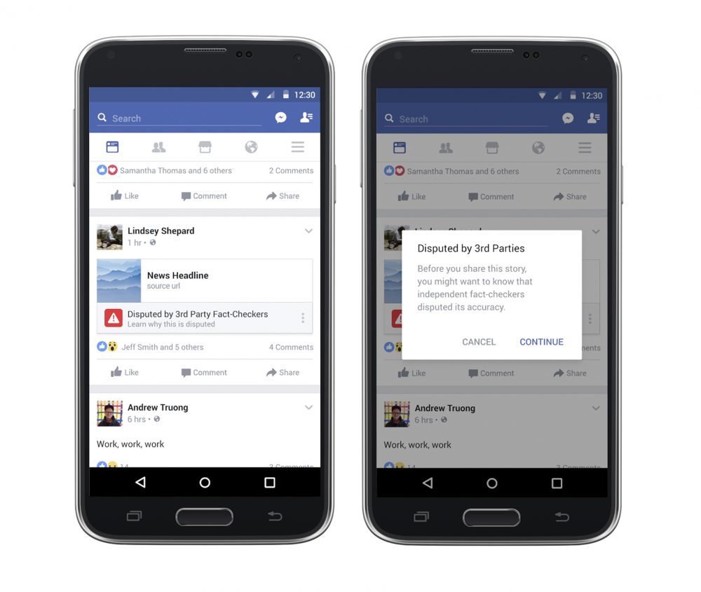 This photo combo of images provided by Facebook demonstrates some of the new measures Facebook is taking to curb the spread of fake news on its huge and influential social network. (Facebook via AP)
