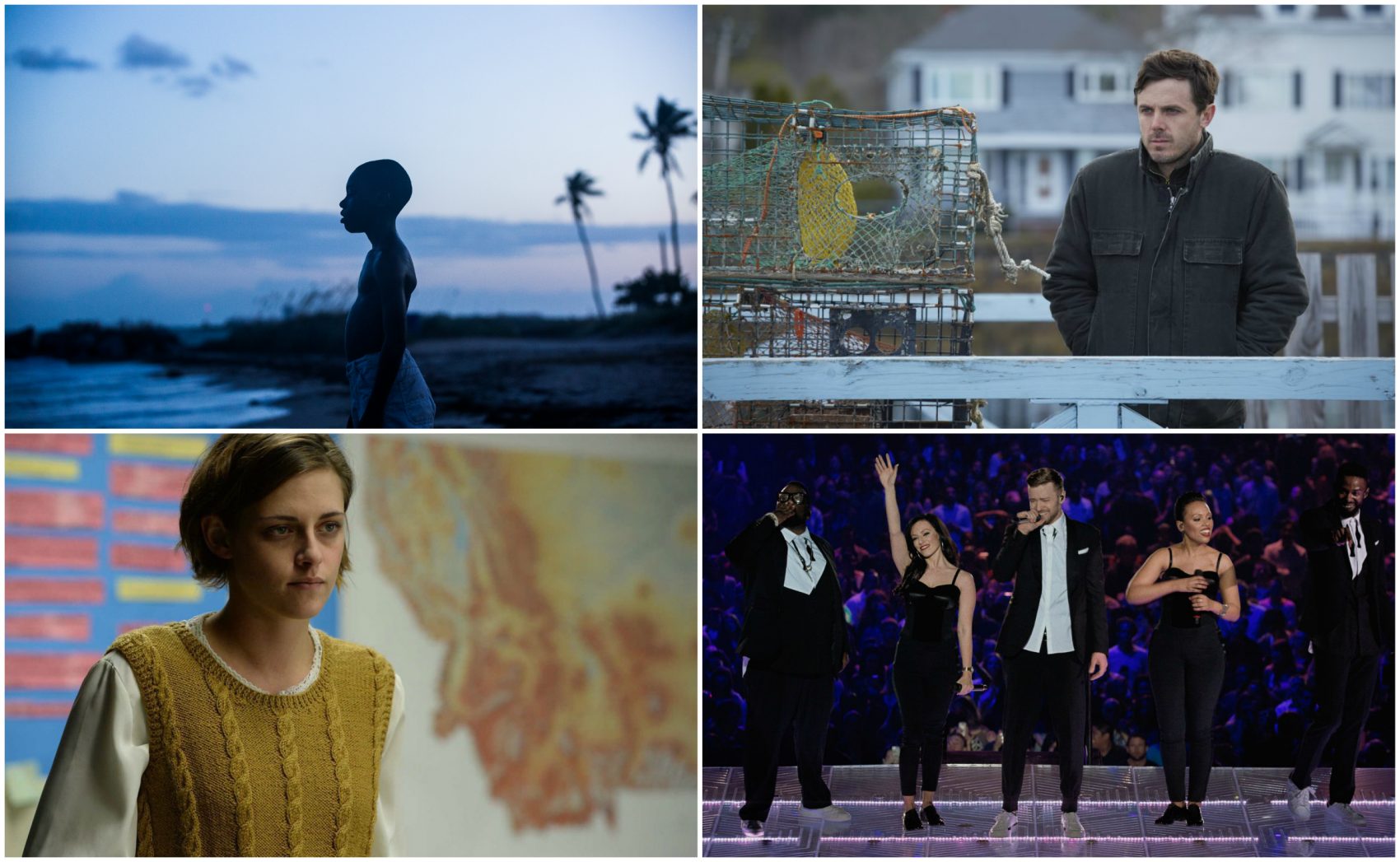 Scenes from "Moonlight," "Manchester by the Sea," "Certain Women" and "Justin Timberlake + The Tennessee Kids." (Courtesy EPK, Amazon Studios, IFC Films and Netflix)