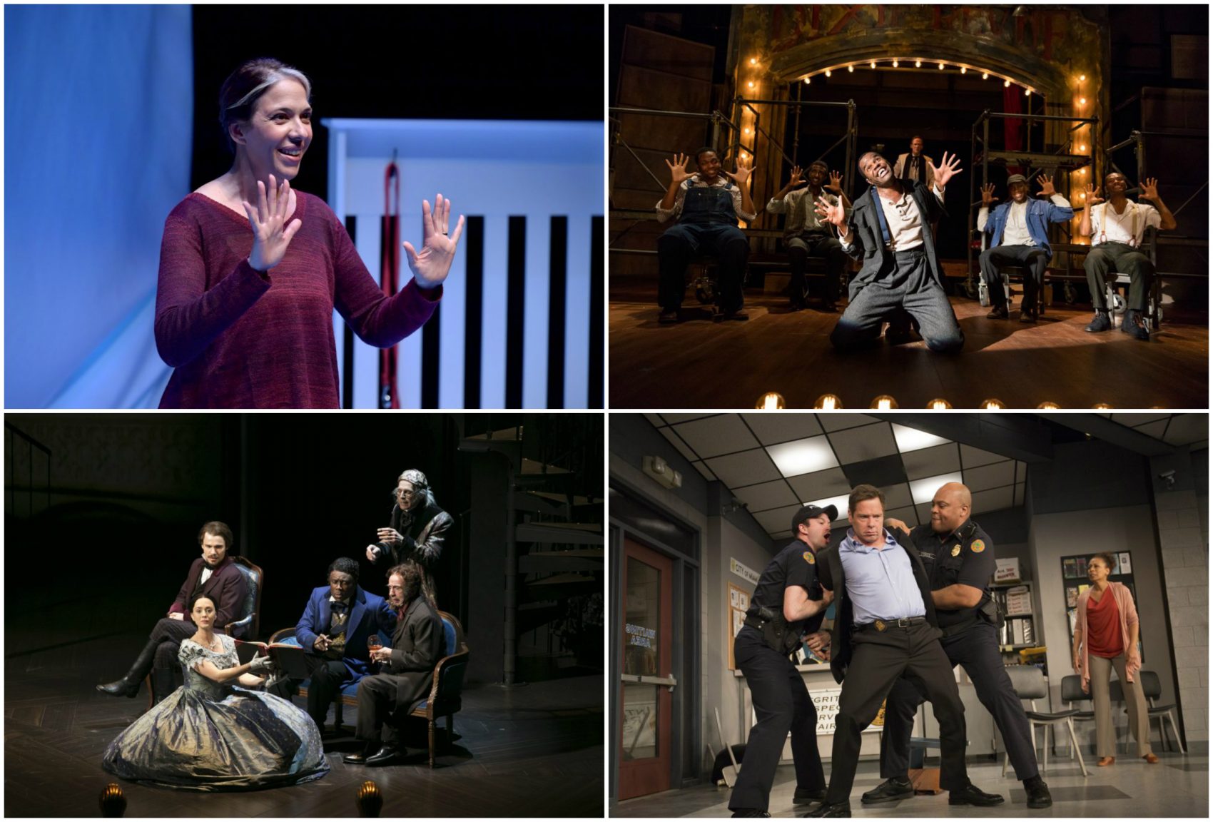 Scenes from "Mala," "The Scottsboro Boys," "American Son" and "Fingersmith," clockwise. (Courtesy of the theater companies) 