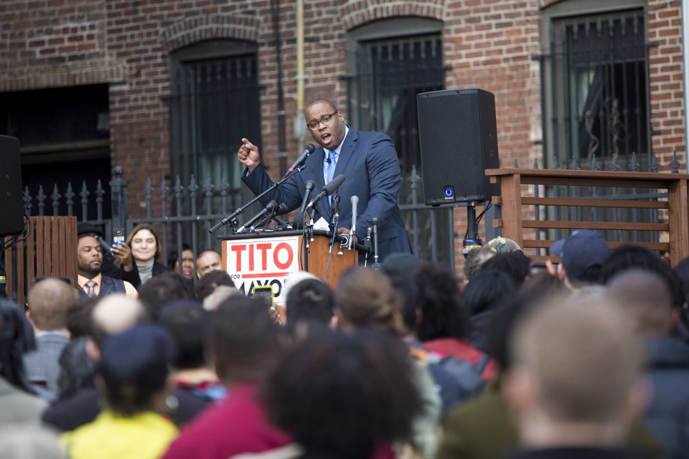 Boston City Councilor Tito Jackson announces his mayoral candidacy in Dudley Square. (Jesse Costa/WBUR)