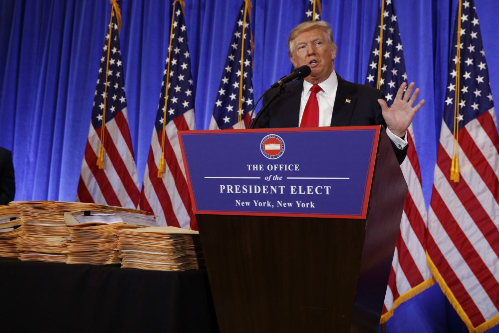 President-elect Donald Trump speaks during a news conference in the lobby of Trump Tower in New York Wednesday. (Evan Vucci/AP)