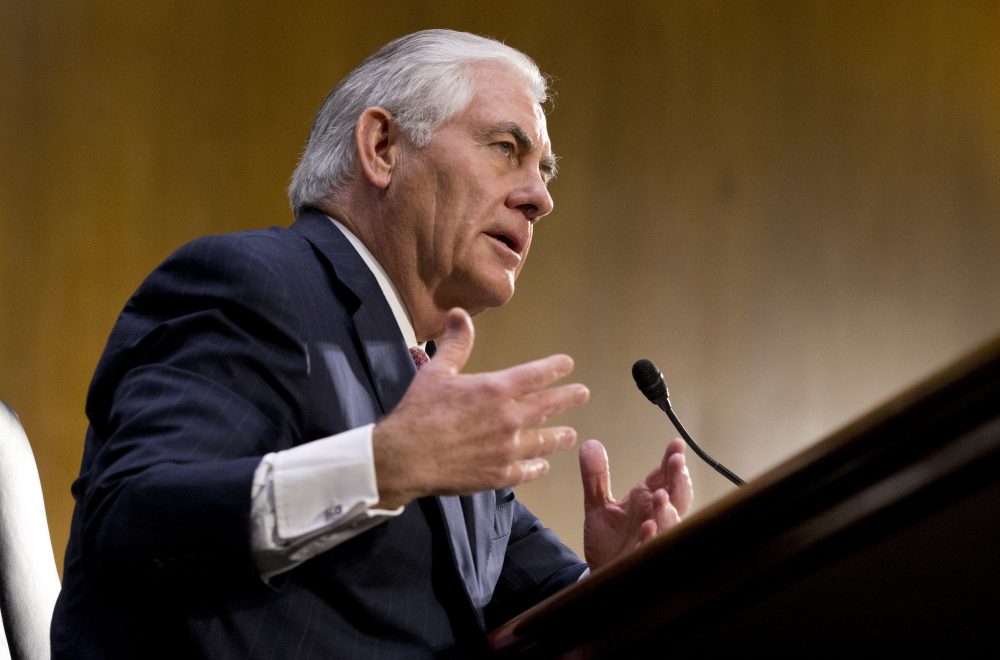 Secretary of State-designate Rex Tillerson gestures while testifying on Capitol Hill in Washington, Wednesday, Jan. 11, 2017, at his confirmation hearing before the Senate Foreign Relations Committee. (Steve Helber/AP)