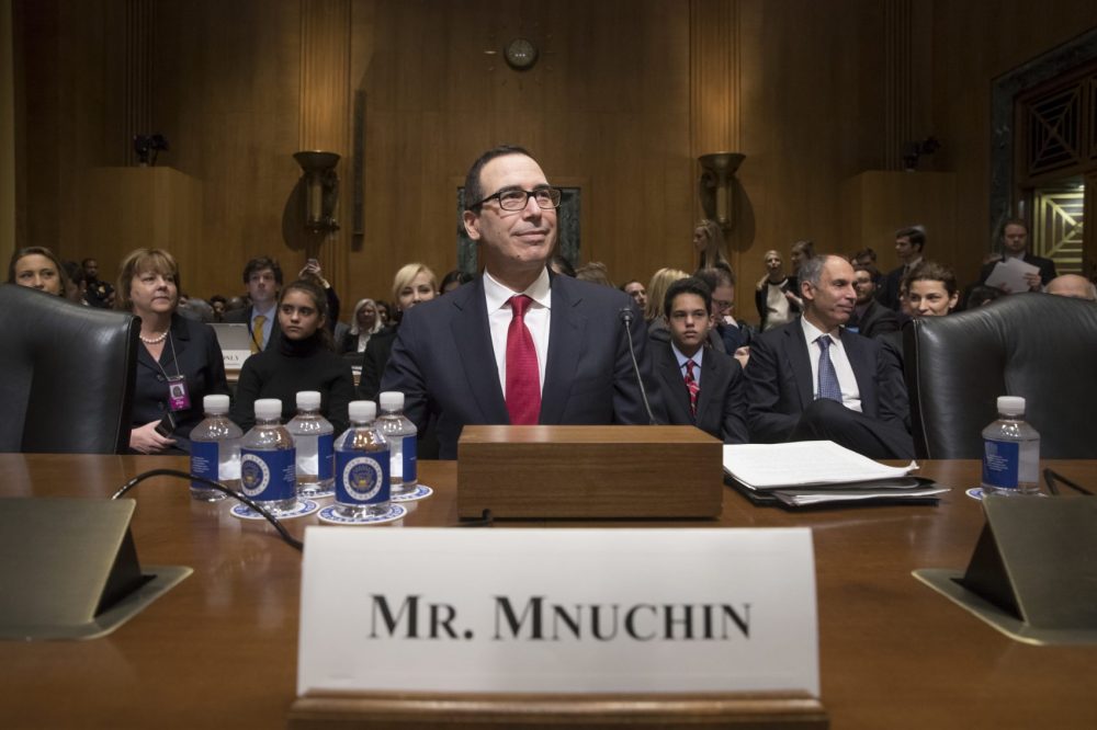 Treasury Secretary-designate Stephen Mnuchin arrives on Capitol Hill in Washington, Thursday to testify at his confirmation hearing before the Senate Finance Committee. (J. Scott Applewhite/AP)