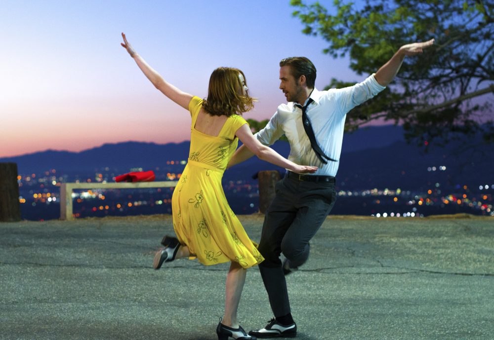 This image released by Lionsgate shows Ryan Gosling, right, and Emma Stone in a scene from, "La La Land." The film was nominated for an Oscar for best picture. (Dale Robinette/Lionsgate via AP)