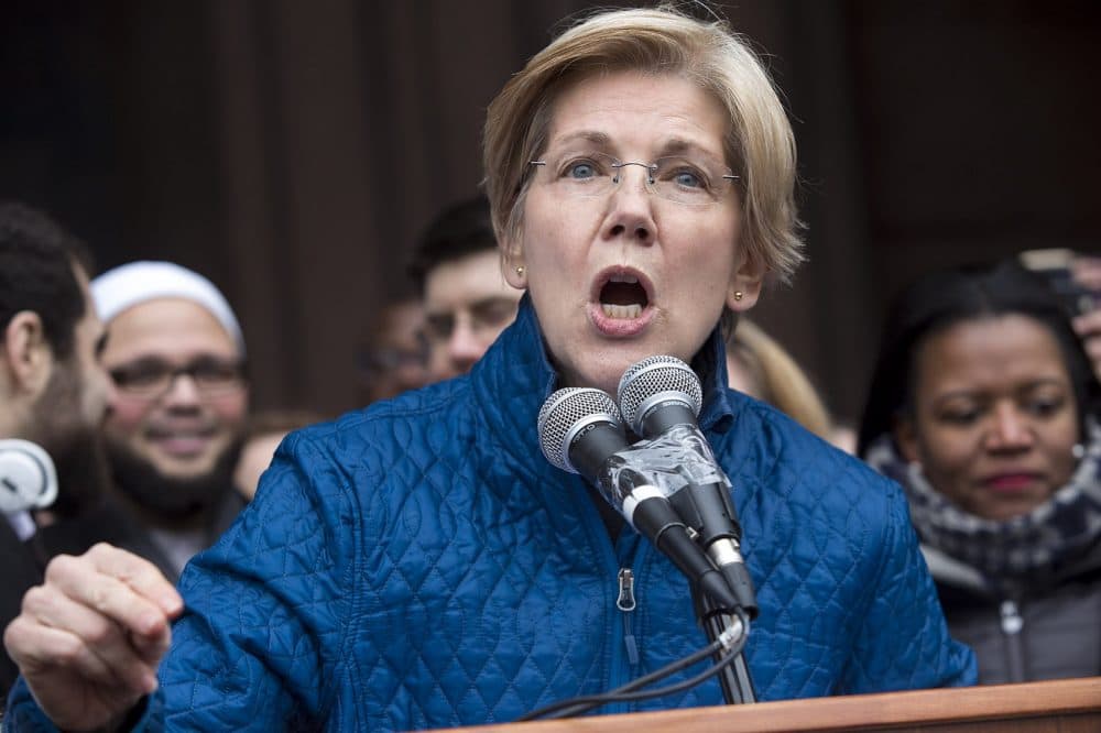 Sen. Elizabeth Warren spoke in Copley Square. (Jesse Costa/WBUR)