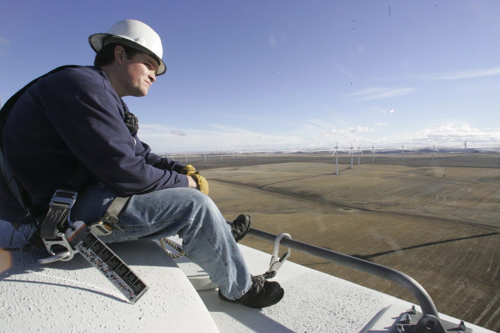 A wind plant supervisor looks over the landscape from the top of a wind turbine in January 2008 at a wind farm in Wasco, Ore. (Rick Bowmer/AP)
