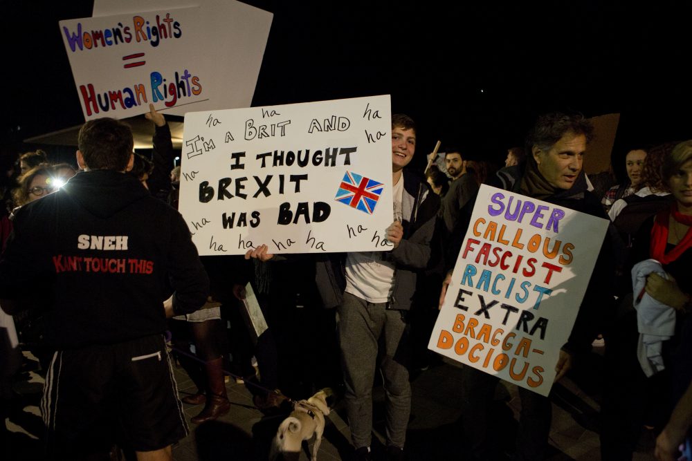 Demonstrators in Tel Aviv, Israel, on Saturday following the inauguration of U.S. President Donald Trump. (Ariel Schalit/AP)