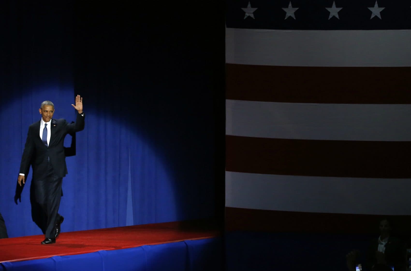 If a fundamental purpose of political language is to persuade people to act, writes Alex Green, was Obama’s soaring rhetoric truly effective? Pictured: President Barack Obama arrives before speaking at McCormick Place in Chicago, Tuesday, Jan. 10, 2017, giving his presidential farewell address. (Charles Rex Arbogast/AP)