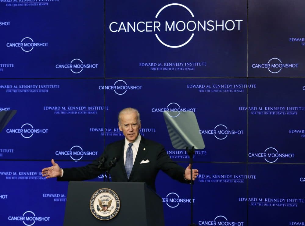 Vice President Joe Biden speaks at the Edward M. Kennedy Institute for the United States Senate, Oct. 19, 2016, about the White House's cancer "moonshot" initiative — a push to throw everything at finding a cure within five years. (Elise Amendola/AP)