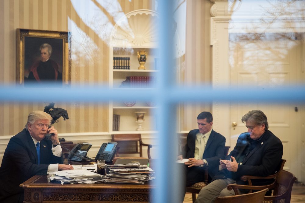 President Donald Trump speaks on the phone with Australian Prime Minister Malcolm Turnbull in the Oval Office of the White House on Jan. 28, 2017 in Washington. (Drew Angerer/Getty Images)
