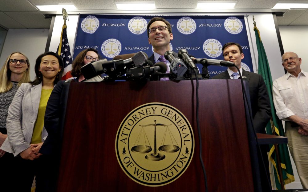 Washington Attorney General Bob Ferguson speaks at a news conference about a federal appeals court's refusal to reinstate President Donald Trump's ban on travelers from seven predominantly Muslim nations, Thursday, Feb. 9, 2017, in Seattle. (Elaine Thompson/AP)