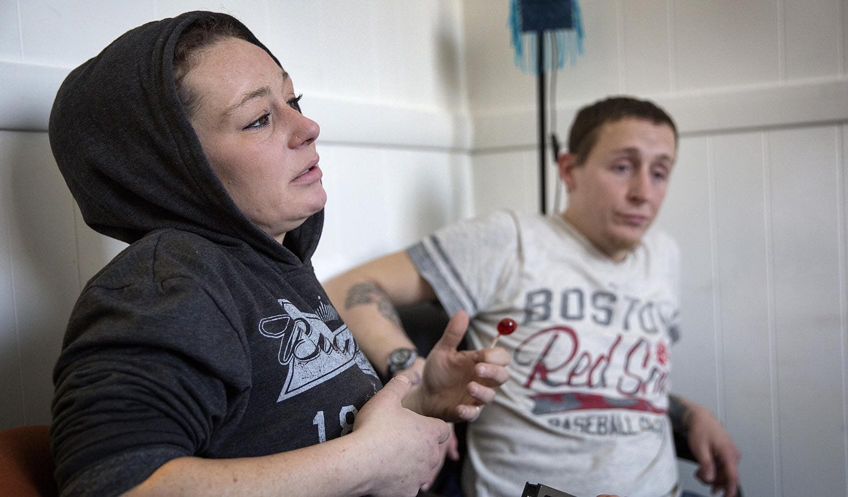 Allyson and Eddie, regular clients at the AAC Needle Exchange and Overdose Prevention Program in Cambridge, say they carry naloxone and try never to use drugs alone in case of an overdose. (Robin Lubbock/WBUR)