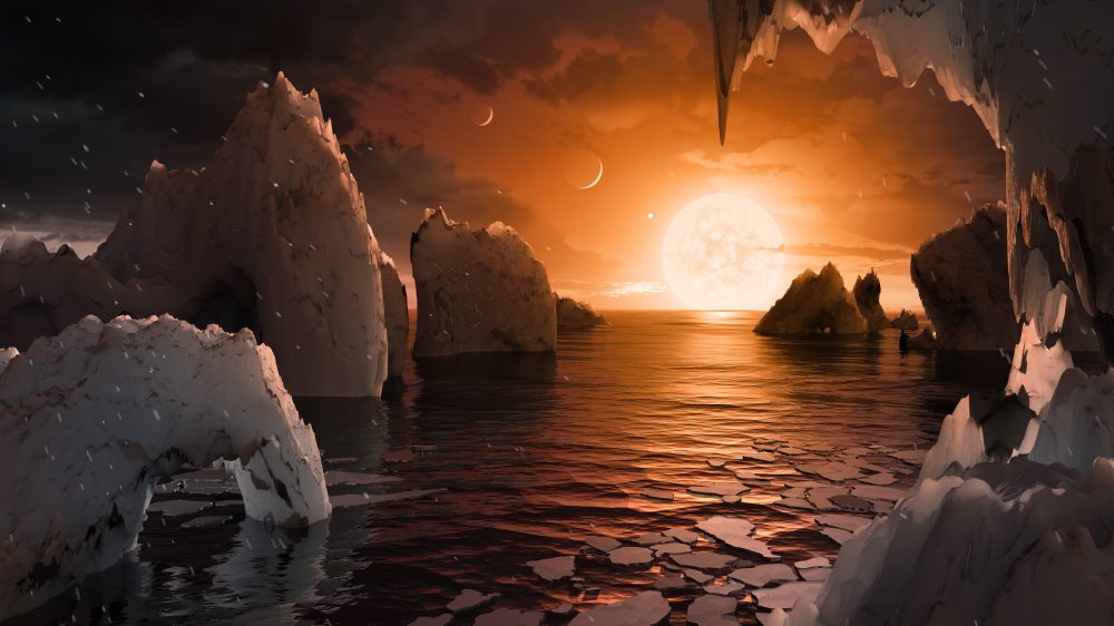 An artist's rendering of the surface of the exoplanet TRAPPIST-1f, located in the TRAPPIST-1 system in the constellation Aquarius. (Courtesy NASA/JPL-Caltech/T. Pyle (IPAC))